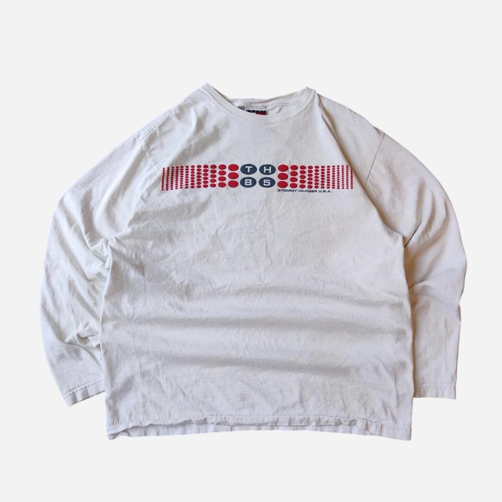Vintage Tommy Hilfiger white cotton long sleeve shirt with red and blue TH85 gra